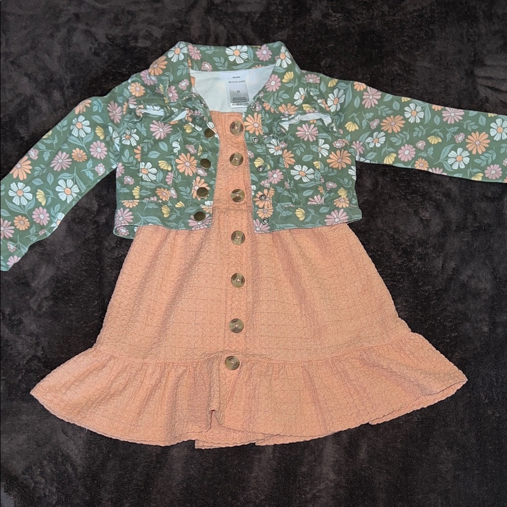 Floral Green Jean Jacket and Peach Kids Dress Set-2T